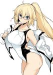  absurdres bare_shoulders bespectacled blonde_hair blue_eyes collarbone commentary competition_swimsuit fate/grand_order fate_(series) glasses harukon_(halcon) heart highres jacket jacket_over_swimsuit jeanne_d'arc_(fate)_(all) jeanne_d'arc_(swimsuit_archer) looking_at_viewer one-piece_swimsuit ponytail simple_background sketch smile solo swimsuit whistle whistle_around_neck white_background 