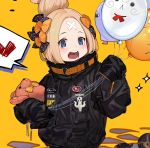  abigail_williams_(fate/grand_order) balloon bandaid_on_forehead bangs black_bow black_jacket blonde_hair blue_eyes bow commentary_request fate/grand_order fate_(series) heroic_spirit_traveling_outfit jacket open_mouth orange_bow parted_bangs polka_dot polka_dot_bow sleeves_past_wrists solo stuffed_animal stuffed_toy teddy_bear upper_body yuu_(higashi_no_penguin) 