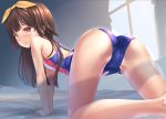  all_fours ass barefoot brown_eyes brown_hair cameltoe commentary_request competition_swimsuit from_behind legs long_hair long_legs looking_back one-piece_swimsuit original ribbon smile solo swimsuit tougetsu_gou 