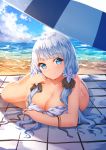  ass azur_lane bangs beach beach_mat blue_eyes blush breasts chahei cleavage closed_mouth day eyebrows_visible_through_hair hair_ornament head_tilt highres illustrious_(azur_lane) large_breasts light_particles long_hair looking_at_viewer low_twintails lying mole mole_under_eye ocean outdoors sand shiny shiny_skin smile solo sparkle swimsuit thighs twintails untied_bikini_top white_hair 