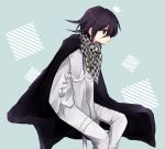  blue_background cape checkered checkered_scarf danganronpa male_focus miyame new_danganronpa_v3 ouma_kokichi purple_cape purple_eyes purple_hair scarf short_hair solo straitjacket 