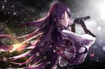 fallen_heaven fate/grand_order fate_(series) floating_hair from_side gauntlets hair_between_eyes highres holding holding_sword holding_weapon japanese_clothes katana kimono long_hair looking_at_viewer minamoto_no_raikou_(fate/grand_order) outdoors purple_eyes purple_hair purple_kimono snowing solo sword very_long_hair weapon 