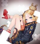  abigail_williams_(fate/grand_order) bangs black_bow black_jacket blonde_hair blue_eyes blurry blurry_foreground blush bow closed_mouth commentary_request depth_of_field fate/grand_order fate_(series) gradient gradient_background grey_background hair_bow hair_bun heroic_spirit_traveling_outfit high_heels highres jacket legs_up long_hair long_sleeves looking_at_viewer looking_to_the_side nuko_miruku orange_bow parted_bangs polka_dot polka_dot_bow red_bow red_footwear sleeves_past_fingers sleeves_past_wrists solo stuffed_animal stuffed_toy suction_cups teddy_bear tentacles tongue tongue_out 