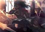  berserker black_hair blood chain chest clenched_teeth commentary dark_skin dark_skinned_male fate/stay_night fate_(series) faulds heterochromia indoors male_focus motion_blur muscle ouka_(ra-raradan) reflection reflective_floor rubble shirtless solo sword teeth weapon window 