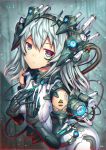  blurry blurry_background bodysuit breasts commentary_request eyebrows_visible_through_hair gia headgear long_hair looking_at_viewer mecha_musume mechanical_arms medium_breasts multicolored multicolored_eyes original silver_eyes silver_hair sleeveless solo tattoo 