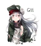  bangs blush_stickers character_name closed_mouth eyebrows_visible_through_hair flat_cap frown g11_(girls_frontline) girls_frontline green_hat green_jacket grey_eyes hair_between_eyes hat jacket long_hair looking_at_viewer melings_(aot2846) off_shoulder open_clothes open_jacket shirt silver_hair simple_background solo torn_clothes torn_jacket torn_shirt very_long_hair white_background white_shirt 