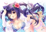  animal_ears bikini bubbles fang flowers long_hair open_shirt original purple_hair swimsuit tagme_(artist) underwater water wink 