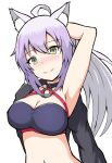  absurdres agrius_metamorphosis ahoge animal_ear_fluff animal_ears arm_up atalanta_(fate) bangs bikini black_jacket blush breasts cat_ears cleavage closed_mouth commentary_request eyebrows_visible_through_hair fate/apocrypha fate_(series) gradient_hair green_eyes hair_between_eyes head_tilt highres jacket large_breasts mitchi multicolored_hair navel nose_blush o-ring purple_bikini purple_hair smile solo swimsuit upper_body white_hair 