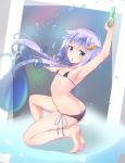  armpits ass bare_legs barefoot bikini blue_eyes butt_crack commentary_request crescent crescent_hair_ornament eyebrows_visible_through_hair flat_chest hair_ornament highres kantai_collection looking_at_viewer micro_bikini open_mouth purple_hair shiira_kan short_hair short_hair_with_long_locks side-tie_bikini sidelocks swimsuit water water_gun yayoi_(kantai_collection) 
