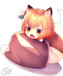 :d animal_ear_fluff animal_ears bangs blush brown_hair check_commentary chibi chita_(ketchup) commentary_request dutch_angle eyebrows_visible_through_hair fangs fox_ears fox_girl fox_tail hair_between_eyes highres japanese_clothes kimono miko open_mouth original pillow red_eyes short_eyebrows short_hair signature smile solo tail tail_raised thick_eyebrows white_background white_kimono 