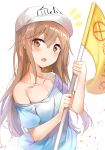  :o absurdres bangs bare_shoulders blue_shirt blush brown_eyes brown_hair character_name collarbone commentary eyebrows_visible_through_hair flag flat_cap hair_between_eyes hat hataraku_saibou head_tilt highres holding holding_flag long_hair looking_at_viewer off-shoulder_shirt off_shoulder open_mouth platelet_(hataraku_saibou) round_teeth shiny shiny_hair shirt short_sleeves sidelocks simple_background solo sunhyun teeth upper_body upper_teeth white_background white_hat 