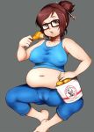  1girl belly bird black-framed_eyewear breasts brown_eyes brown_hair chicken eating fat food glasses kfc large_breasts mei_(overwatch) midriff navel overwatch plump short_hair solo weight_gain 