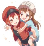  ae-3803 baseball_cap belt blush brown_hair buchi_(y0u0ri_) cabbie_hat carrying commentary denim denim_shorts eyebrows_visible_through_hair gloves hat hataraku_saibou highres jacket kindergarten_uniform long_hair multiple_girls one_eye_closed open_mouth piggyback platelet_(hataraku_saibou) red_blood_cell_(hataraku_saibou) red_hair short_hair short_sleeves shorts tank_top 