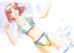 90s ass_visible_through_thighs bikini clenched_hand clothes_writing collarbone day dutch_angle kai_tomohisa navel official_art open_mouth orange_eyes outdoors red_hair sentimental_graffiti short_hair solo splashing sports_bikini swimsuit traditional_media upper_teeth wading water watercolor_(medium) 