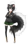  ahoge beige_neckwear black_hair black_legwear black_sweater boots brown_shirt crossed_arms extra_ears eyebrows_visible_through_hair full_body green_skirt gunbuster_pose hair_between_eyes huge_ahoge ise_(0425) kemono_friends large_tail looking_at_viewer multicolored_hair necktie plaid plaid_skirt pleated_skirt shirt simple_background skirt smile solo standing striped_skunk_(kemono_friends) sweater thighhighs two-tone_hair white_background white_hair zettai_ryouiki 