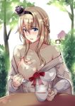  aoba_(kantai_collection) areola_slip areolae blonde_hair blue_eyes blush braid breasts bush camera commentary_request crown cup dress eyebrows_visible_through_hair french_braid hair_between_eyes kantai_collection kuurunaitsu large_breasts long_dress long_hair long_sleeves looking_at_viewer mini_crown multiple_girls nipples no_bra off-shoulder_dress off_shoulder open_mouth oppai_challenge table tea teacup tilted_headwear tree warspite_(kantai_collection) 