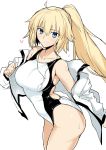  absurdres ahoge bare_shoulders blonde_hair blue_eyes breasts collarbone competition_swimsuit cowboy_shot eyebrows_visible_through_hair fate/grand_order fate_(series) harukon_(halcon) heart high_ponytail highres jacket jacket_over_swimsuit jeanne_d'arc_(fate)_(all) jeanne_d'arc_(swimsuit_archer) large_breasts long_hair looking_at_viewer off_shoulder one-piece_swimsuit open_clothes open_jacket ponytail simple_background sketch smile solo sweat swimsuit very_long_hair whistle whistle_around_neck white_background white_swimsuit 