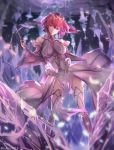  1girl bangs bare_shoulders blurry blurry_background boots breasts closed_mouth contrapposto detached_sleeves dress eyebrows_visible_through_hair fate/grand_order fate_(series) floating_hair fur_trim hair_between_eyes highres holding holding_wand jewelry large_breasts light_particles light_smile long_hair long_sleeves looking_at_viewer necklace pantyhose pelvic_curtain purple_dress purple_hair red_eyes reluvy ruby_(stone) scathach_(fate)_(all) scathach_skadi scathach_skadi_(fate/grand_order) smile solo thigh_boots thighhighs tiara twitter_username wand white_dress white_footwear wide_sleeves wind wind_lift 
