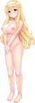  barefoot blonde_hair blush breasts censored collarbone full_body green_eyes hairband hands_together highres large_breasts long_hair loretta_magnamia mosaic_censoring nipples non-web_source nude official_art paizuri_fiancee pussy smile solo transparent_background uni8 v_arms 