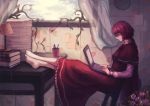  absurdres artist_request barefoot book cape capelet computer curtains dress feet_on_table flower food fruit glasses highres lamp laptop long_hair looking_away okazaki_yumemi pen plant red_cape red_dress red_eyes red_hair sitting smile solo strawberry table touhou touhou_(pc-98) window 