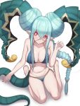  alternate_hairstyle bikini blue_bikini blue_hair braid breasts cleavage commentary_request demon_girl double_bun fate/grand_order fate_(series) head_tilt horns k_jin kneeling large_breasts long_hair looking_at_viewer looking_up pointy_ears red_eyes side-tie_bikini single_braid solo swimsuit symbol-shaped_pupils tail tiamat_(fate/grand_order) very_long_hair 