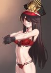 abs alternate_breast_size arms_up black_gloves black_hair bra breasts commentary_request cowboy_shot eyebrows_visible_through_hair fate/grand_order fate_(series) fingers_together gloves gradient gradient_background grin hair_over_one_eye hat highres interlocked_fingers k_jin large_breasts long_hair looking_at_viewer military_hat navel oda_nobunaga_(fate) orange_eyes own_hands_together panties red_bra red_panties sidelocks simple_background smile solo underwear underwear_only 