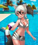  :d aardwolf_(kemono_friends) aardwolf_ears aardwolf_tail alternate_costume animal_ears animal_print bare_arms bare_shoulders bikini black_hair blue_eyes blurry blurry_background blush choir_(artist) commentary_request cowboy_shot depth_of_field extra_ears eyebrows_visible_through_hair grey_hair highres innertube kemono_friends kemono_friends_festival long_hair looking_at_viewer multicolored_hair navel open_mouth photo-referenced ponytail print_bikini_top print_shorts seashell_necklace short_hair short_shorts shorts sleeveless smile solo stomach swimsuit 