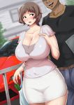  1girl ao_madoushi bag bangs blush breasts brown_hair car casual cleavage earrings erection erection_under_clothes faceless faceless_male food grocery_bag ground_vehicle highres holding holding_bag huge_breasts jewelry long_hair mature miniskirt motor_vehicle nervous open_mouth original pencil_skirt plastic_bag purple_eyes ring shopping_bag skirt smile wedding_band 
