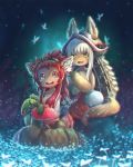  1other animal_ears blush breasts cleavage eyebrows flower furry highres isakhaya long_hair looking_at_another made_in_abyss medium_breasts mitty_(made_in_abyss) mitty_(made_in_abyss)_(furry) multiple_girls nanachi_(made_in_abyss) open_mouth red_eyes red_hair sitting smile teeth white_hair yellow_eyes 