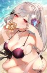  adapted_costume armpits ass azur_lane bangs beach bikini blush braid breasts butterfly_hair_ornament choker cleavage collarbone commentary_request crown_braid day doughnut dunkerque_(azur_lane) floating_hair flower food front-tie_top grey_hair hair_ornament hairband half-closed_eyes headdress holding holding_food large_breasts long_hair looking_at_viewer ocean open_mouth outdoors petals playing_with_own_hair ponytail purple_bikini red_eyes ripples sand shirako_sei sidelocks sitting solo swimsuit thighs wind yokozuwari 