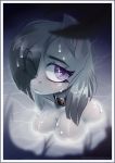  2018 anthro border breasts bust_portrait collar cute earth_pony equine eyebrows eyelashes female friendship_is_magic grey_hair hair hair_over_eye hi_res horse looking_at_viewer mammal marble_pie_(mlp) my_little_pony nude outside pony portrait purple_eyes skinny_dipping smile solo text url water watermark wet white_border zombie_(artist) 