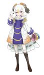  barn_owl_(kemono_friends) bird_tail blonde_hair boots coat epaulettes full_body fur_collar head_wings holding holding_mask ise_(0425) kemono_friends knee_boots long_sleeves looking_at_viewer low_twintails mask medium_hair multicolored_hair orange_hair purple_eyes simple_background smile solo standing twintails white_background white_hair 