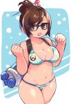  :d bangs bare_arms bare_shoulders bikini black-framed_eyewear breasts brown_hair chingisu cleavage clenched_hands cowboy_shot eyebrows_visible_through_hair glasses groin hair_bun hair_ornament hair_stick hands_up large_breasts mei_(overwatch) navel open_mouth orange_eyes overwatch short_hair smile solo stomach striped striped_bikini swept_bangs swimsuit 