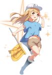  absurdres arm_up black_footwear blue_shirt boots brown_eyes brown_hair brown_shorts commentary flag hat hataraku_saibou highres knee_boots long_hair navel platelet_(hataraku_saibou) salute shirt shorts solo ssogari 