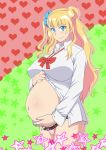  blonde_hair blue_eyes blush breasts galko gyaru hair_ornament hair_ribbon heart heart_background highres large_breasts long_hair looking_at_viewer minpei_ichigo navel open_clothes open_shirt oshiete!_galko-chan panties pink_panties pregnant ribbon smile solo star starry_background underwear 