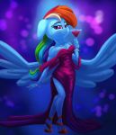  2018 5_fingers abstract_background alcohol alternate_hairstyle anthro beverage blue_background blue_feathers breasts clothed clothing cup cute dress equine eyebrows eyelashes feathered_wings feathers female floppy_ears footwear friendship_is_magic fully_clothed glass hair half-closed_eyes hi_res holding_object hooves long_hair mammal multicolored_hair my_little_pony pegasus portrait purple_eyes rainbow_dash_(mlp) rainbow_hair shoes simple_background smile standing thediscorded wine_glass wings 