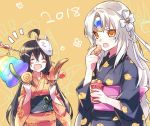  2girls ara_han code:_nemesis_(elsword) eating elsword eve_(elsword) eyebrows_visible_through_hair facial_mark food forehead_jewel fox_mask mask mask_on_head multiple_girls new_year sakra_devanam_(elsword) saliva smile traditional_clothes wanko_(takohati8) 