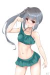  absurdres bikini bikini_skirt blush breasts brown_eyes closed_mouth collarbone commentary_request crying crying_with_eyes_open eyebrows_visible_through_hair frilled_bikini frills green_bikini grey_hair highres kantai_collection kasumi_(kantai_collection) lifted_by_self long_hair looking_at_viewer navel neve side_ponytail simple_background small_breasts solo swimsuit tearing_up tears white_background 