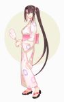  alternate_costume black_hair brown_eyes circle fan floral_print full_body grey_background highres japanese_clothes kantai_collection kimono long_hair nachi_(kantai_collection) sandals side_ponytail solo two-tone_background very_long_hair white_background white_kimono yukata yuuji_(and) 