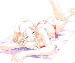  90s barefoot beach_towel bikini blonde_hair butt_crack hairband kai_tomohisa leg_up long_hair lying official_art on_stomach red_bikini sentimental_graffiti side-tie_bikini smile solo sweat swimsuit towel traditional_media untied untied_bikini watercolor_(medium) 