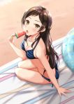  arm_support bangs beach bikini blue_bikini blush breasts brown_eyes brown_hair cleavage collarbone day earrings food from_above highres holding holding_food idolmaster idolmaster_million_live! innertube jewelry kitazawa_shiho long_hair looking_at_viewer medium_breasts open_mouth outdoors popsicle shiny shiny_hair sitting solo sparkle striped striped_bikini swimsuit very_long_hair watermelon_bar yuzuyu_(hyui) 
