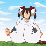  1girl animated black_hair breasts brown_hair cloud cow_girl giantess gigantic_breasts hataraki_ari horns original plump sky solo sukimi sukimi_(hataraki) twintails 