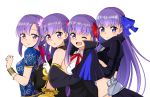  bb_(fate)_(all) bb_(fate/extra_ccc) blue_eyes bow bracelet commentary fate/grand_order fate_(series) flower gloves hair_flower hair_ornament hair_ribbon jewelry looking_at_viewer matou_sakura meltlilith moyashi_(momoyashi_321) multiple_girls odd_one_out parvati_(fate/grand_order) passion_lip pink_eyes purple_eyes purple_hair ribbon white_background white_gloves wide_sleeves 