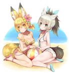  aardwolf_(kemono_friends) aardwolf_ears aardwolf_tail alternate_costume alternate_hairstyle animal_ear_fluff animal_ears anklet arashiya ball bare_shoulders beach beachball bikini black_hair blonde_hair blush bow breasts commentary extra_ears eyebrows_visible_through_hair flip-flops flower frown grey_hair hair_bow hair_flower hair_ornament highres jewelry kemono_friends kemono_friends_festival medium_breasts multicolored_hair multiple_girls ponytail print_bikini sandals scrunchie seashell_necklace serval_(kemono_friends) serval_ears serval_print serval_tail short_hair sitting sleeveless small_breasts smile swimsuit tail v-shaped_eyebrows wariza 