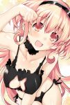  black_bra black_panties blush bra breasts cat_lingerie cleavage_cutout compa eyebrows_visible_through_hair hairband iwasi-r large_breasts long_hair looking_at_viewer meme_attire neptune_(series) open_mouth panties paw_pose pink_eyes pink_hair smile underwear 