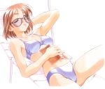  90s ;p arm_up beach_chair bikini blue_bikini book brown_hair covering_navel hand_behind_head holding holding_book kai_tomohisa looking_at_viewer lying official_art on_back one_eye_closed sentimental_graffiti short_hair simple_background solo sunglasses swimsuit tongue tongue_out white_background yamamoto_rurika 