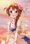  :d aqua_eyes baba_konomi bare_arms bare_legs bikini bracelet braid breasts brown_hair commentary evening eyebrows_visible_through_hair flower flower_request hair_flower hair_ornament hair_over_shoulder highres idolmaster idolmaster_million_live! jewelry korean_commentary long_hair looking_at_viewer navel open_mouth outdoors pendant pink_flower pinkiepies2 see-through single_braid sitting sky small_breasts smile solo swimsuit 