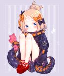  abigail_williams_(fate/grand_order) animal_print bangs black_bow black_jacket blonde_hair blue_eyes blush bow closed_mouth commentary_request crossed_bandaids eyebrows_visible_through_hair fate/grand_order fate_(series) hair_bow hair_bun heroic_spirit_traveling_outfit jacket long_hair long_sleeves looking_at_viewer orange_bow parted_bangs polka_dot polka_dot_bow pota_(xx11ovo11xx) red_bow red_footwear shoes sitting sleeves_past_fingers sleeves_past_wrists solo star striped striped_background stuffed_animal stuffed_toy suction_cups teddy_bear tentacles tiger_print vertical-striped_background vertical_stripes 