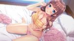  bangs bare_arms bare_legs bare_shoulders barefoot bed bed_sheet blue_eyes blunt_bangs blush bow bow_panties breasts brown_hair camisole collarbone deep_skin erect_nipples eyebrows_visible_through_hair fingernails futon game_cg hand_up highres indoors large_breasts long_hair looking_at_viewer no_bra on_bed panties parted_lips pillow pink_shorts shorts shorts_removed sitting sitting_on_bed skindentation solo strap_slip tachibanaki_riho tagme_(artist) tagme_(character) uchi_no_imouto underboob underwear wariza yamakaze_ran 