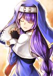  1girl absurdres black_gloves braid capelet clarissa_(epic7) epic7 eyes_closed facing_viewer fingerless_gloves gloves habit hands_together highres karadborg long_hair long_sleeves praying purple_hair red_neckwear simple_background smile solo standing very_long_hair wrist_cuffs 